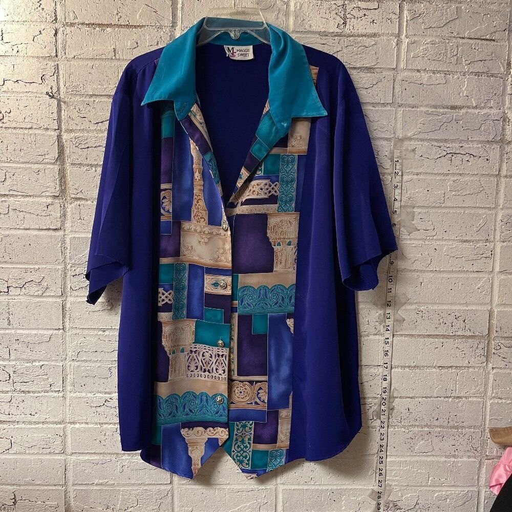 Vintage Deadstock Maggie Sweet Purple Abstract Blouse Plus Size Curvy 3X
